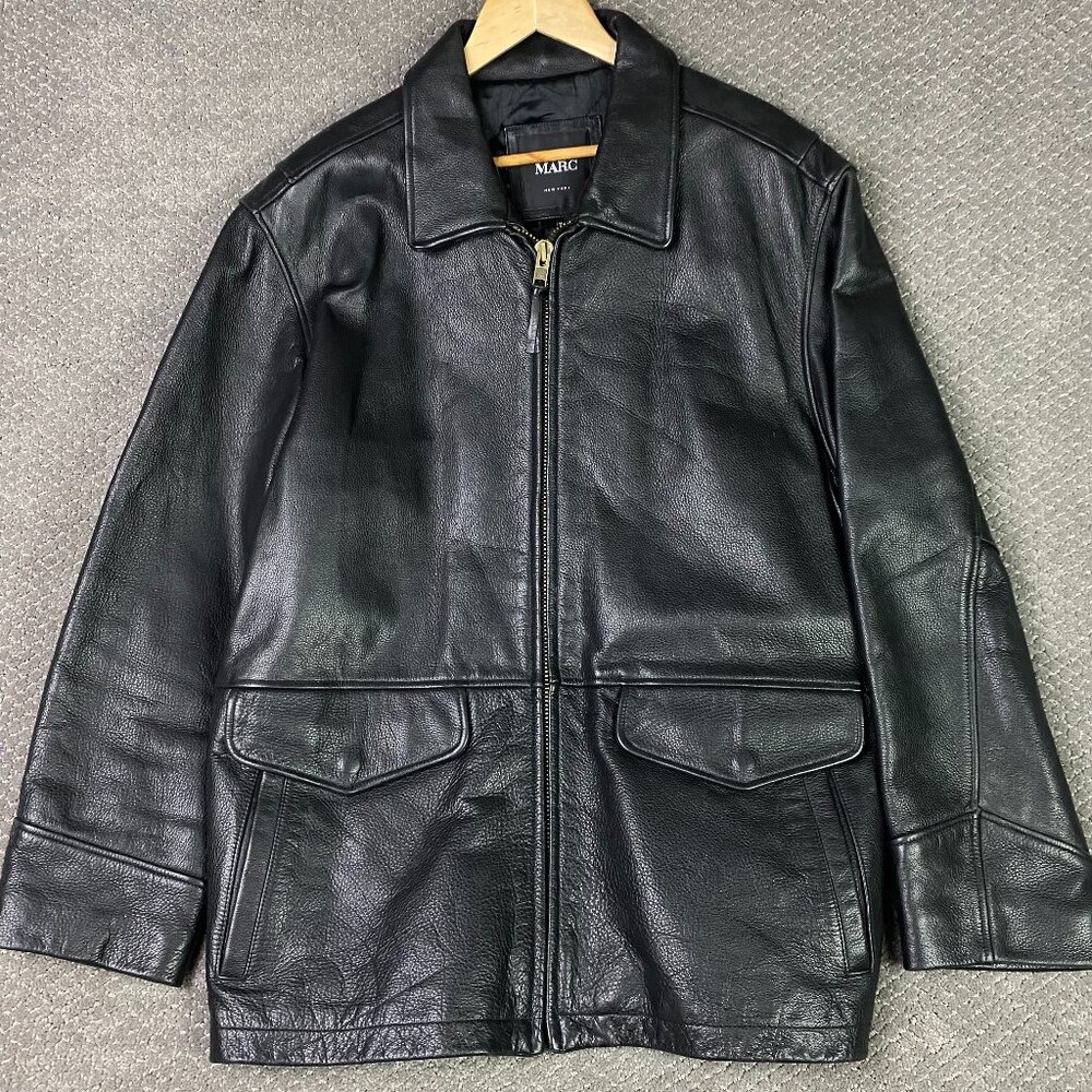 Andrew Marc New York Leather Jacket Men's Large Black Zipper Flap Pocket Vintage